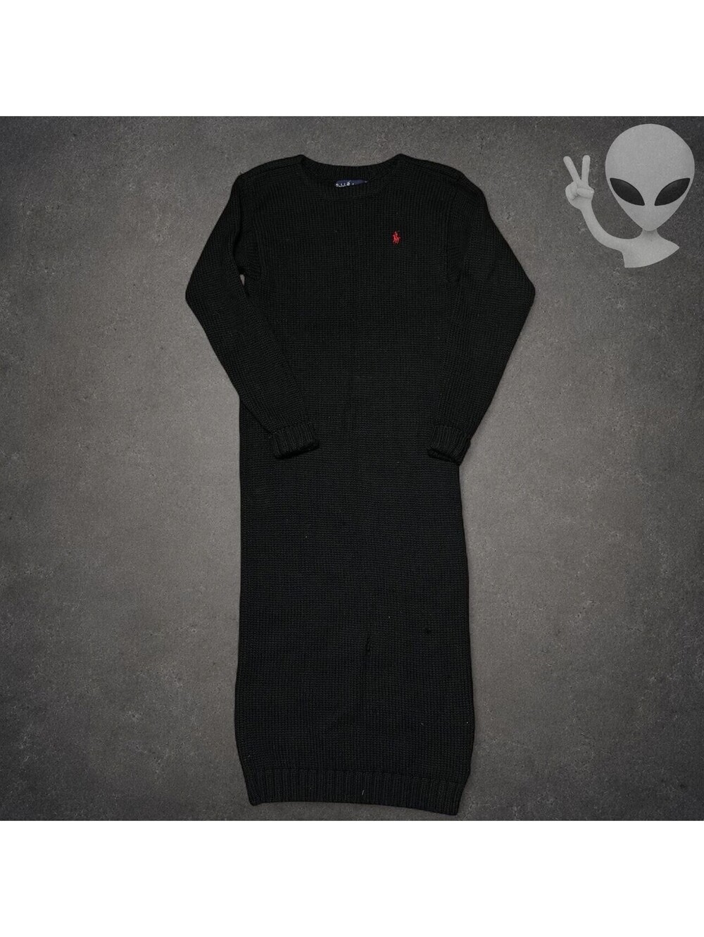 70s Ralph Lauren Sweater Dress Womens S Black Long Sleeve Knit Embroidered Wool